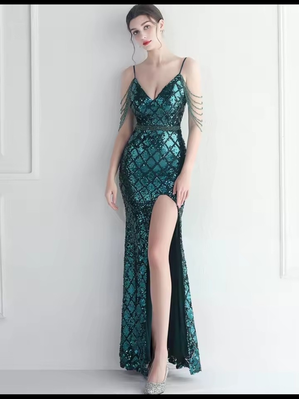 Emerald Sequin V-Neck Evening Gown with Thigh Slit - Picture 4 of 15